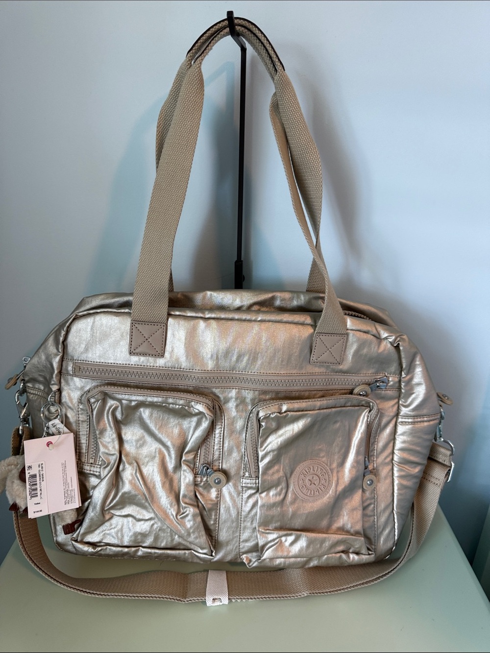 Gleaming Gold Metallic Sasha Travel Tote Bag with Front Pockets